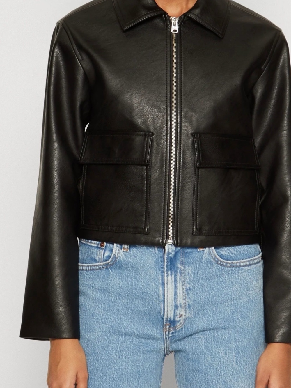 Abercrombie & Fitch Black Leather Zip Jacket with Flap Pockets